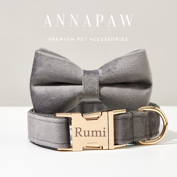 Luxurious Dark Grey Velvet Dog Collar Bowtie Set,Handmade Puppy Collar Leash Bowtie For Wedding Gift,Custom Engraved Dog Collar Bowtie Leash