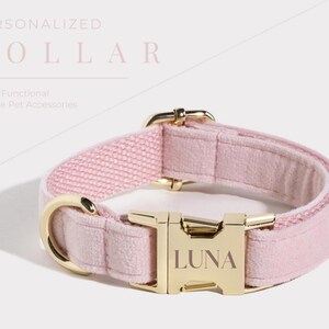 Puede incluir: Collar de perro de terciopelo rosa con hebilla dorada y el nombre "LUNA" grabado en &eacute;l.