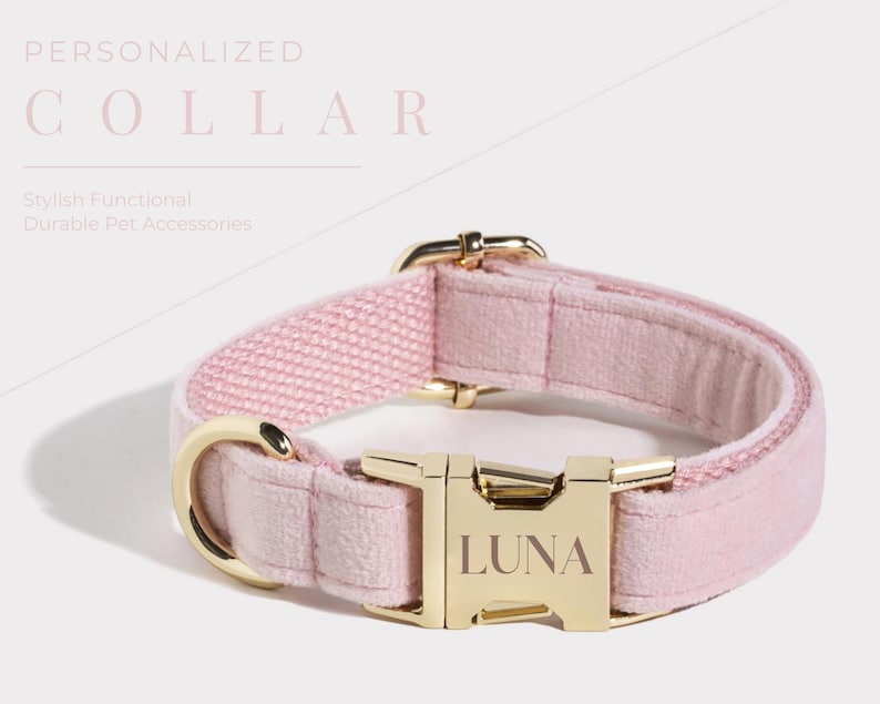 Puede incluir: Collar de perro de terciopelo rosa con hebilla dorada y el nombre "LUNA" grabado en &eacute;l.