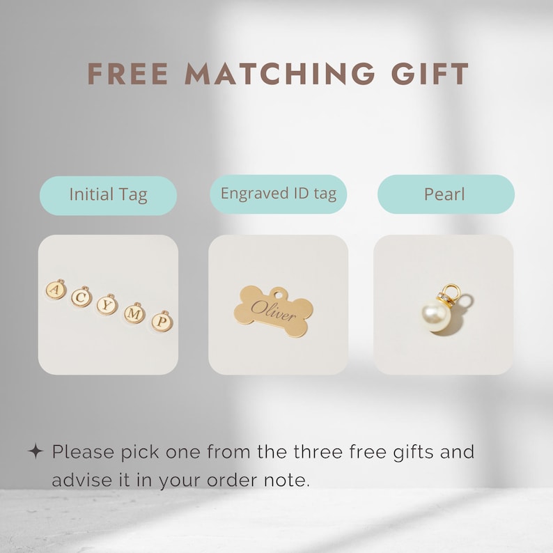 May include: Three free gift options for a pet collar: a gold initial tag, a gold bone-shaped engraved ID tag with the name "Oliver", and a white pearl.