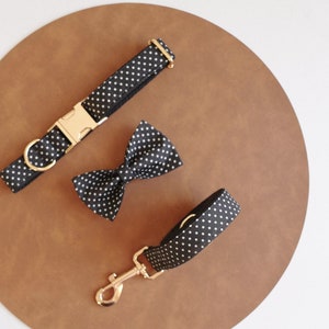 Black Polka Dot Personalized Dog Collar and Leash Bow tie set, Free Name Engraving