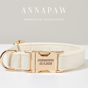 Luxurious Cream Velvet Dog Collar Bowtie Set,Handmade Puppy Collar Leash Bowtie For Wedding Gift,Custom Engraved Dog Collar Bowtie Leash