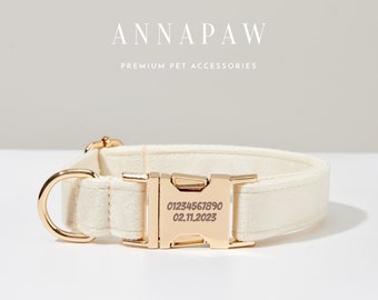 Luxurious Cream Velvet Dog Collar Bowtie Set,Handmade Puppy Collar Leash Bowtie For Wedding Gift,Custom Engraved Dog Collar Bowtie Leash