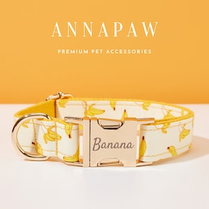 Banana Pattern Personalized Dog Collar Bow Set, Puppy Collar with Name Engraved,Custom Boy Dog Collar, Plaid Dog Collar