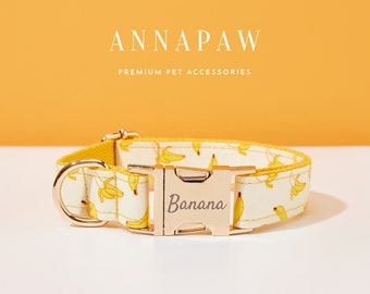 Banana Pattern Personalized Dog Collar Bow Set, Puppy Collar with Name Engraved,Custom Boy Dog Collar, Plaid Dog Collar