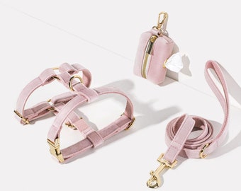 Personalised Pink Velvet Dog Harness Leash Set with Engraved Nameplate,Soft Velvet Puppy Harness,Puppy Leash, Puppy Poop Bag Dispenser