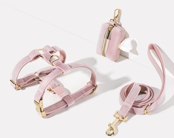 Personalised Pink Velvet Dog Harness Leash Set with Engraved Nameplate,Soft Velvet Puppy Harness,Puppy Leash, Puppy Poop Bag Dispenser