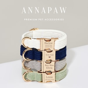 Soft Corduroy Dog Collar Set, Designer Puppy Dog Lead Collar with Bow, Collar for Wedding Gift,Free Engraved Name on Dog Collar