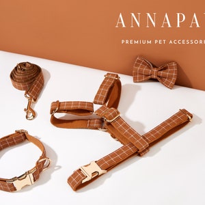 Brown Plaid Dog Harness and Leash Collar Bow Set, Personalised Harness with Name Engraved, Boy Dog Harness Bow tie Collar Set