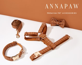 Brown Plaid Dog Harness and Leash Collar Bow Set, Personalised Harness with Name Engraved, Boy Dog Harness Bow tie Collar Set