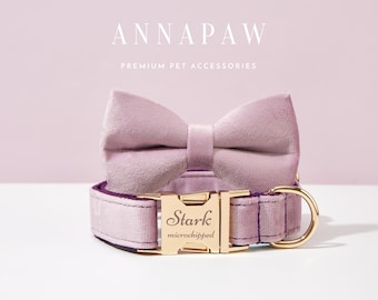 Handmade Lavender Velvet  Dog Collar Bowtie Set,Personalized Puppy Collar Leash Bowtie,Fancy Dog Collar Leash Bowtie For Wedding Gift