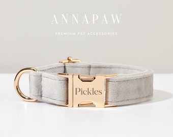 May include: A light gray velvet dog collar with a gold buckle. The buckle is engraved with the name "Pickles".