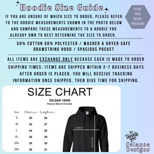 May include: Size chart for Gildan 18500 heavy blend hoodies. The chart shows chest and length measurements in inches for sizes S through 3XL. A black hoodie is shown with the chest and length measurements marked.