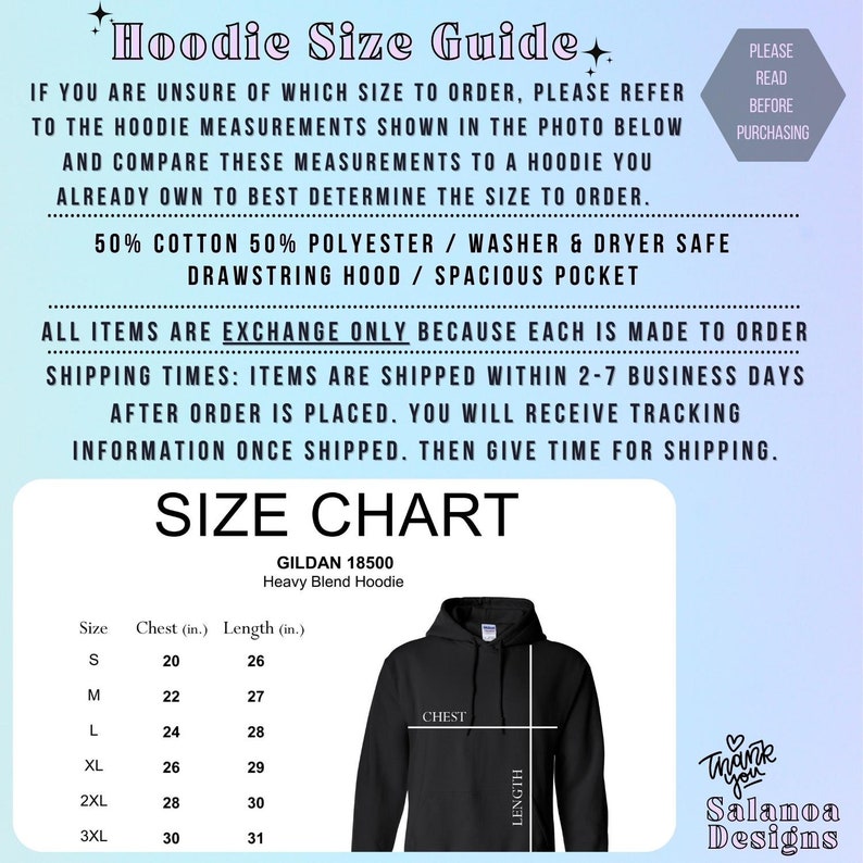 May include: Size chart for Gildan 18500 heavy blend hoodies. The chart shows chest and length measurements in inches for sizes S through 3XL. A black hoodie is shown with the chest and length measurements marked.