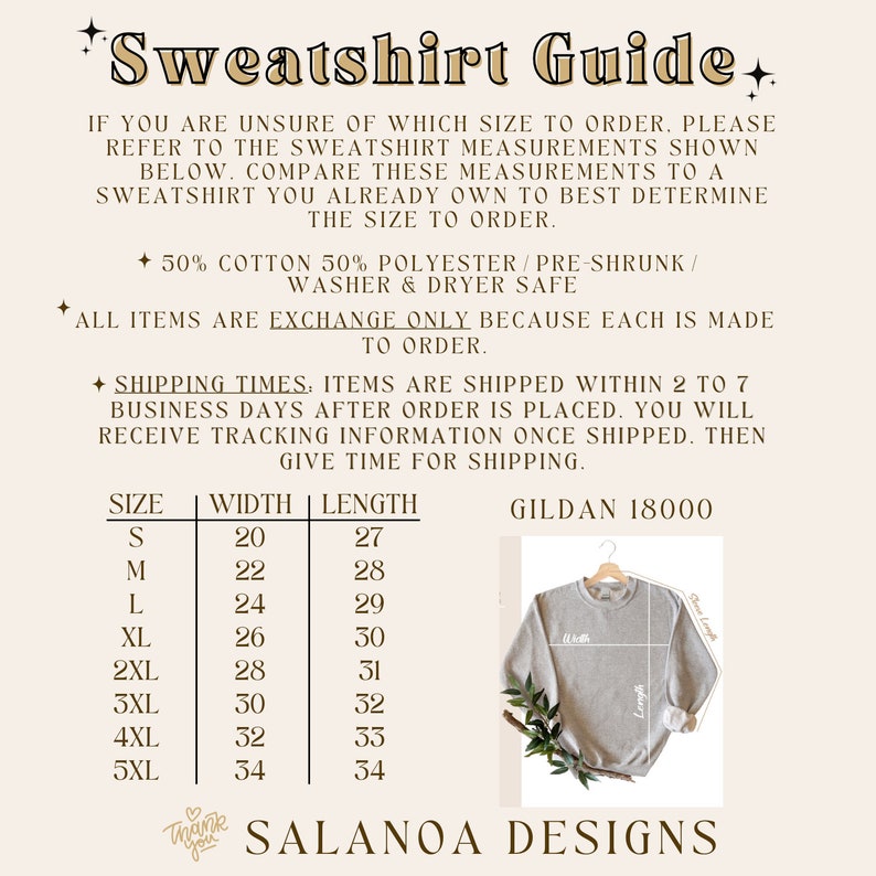 Puede incluir: Una tabla de tallas para sudaderas Gildan 18000, que muestra las medidas de ancho y largo en pulgadas para las tallas S a 5XL. La tabla est&aacute; sobre un fondo blanco con una imagen de sudadera gris.