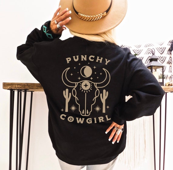 Punchy Cowgirl Cow Skull Sweatshirt Western Sweatshirt Trendy Sweatshirt Western Goth Cowgirl Sweatshirt Western Wear Longhorn Skull