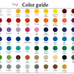 K&ouml;nnte beinhalten: Eine Farbkarte mit einer Vielzahl von Vinylfarben, darunter transparent, wei&szlig;, rot, blau, gr&uuml;n, gelb und mehr. Die Karte ist mit "Vinyl Color guide" beschriftet.