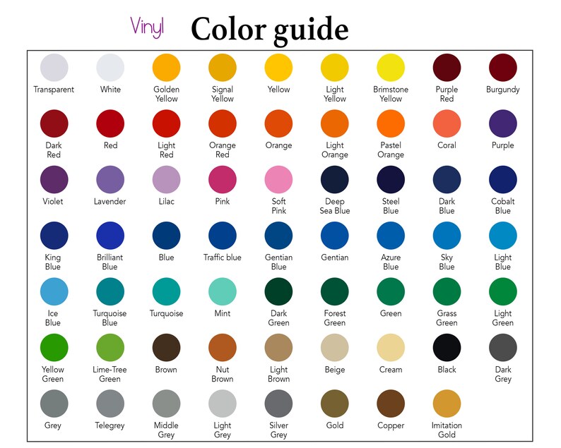 K&ouml;nnte beinhalten: Eine Farbkarte mit einer Vielzahl von Vinylfarben, darunter transparent, wei&szlig;, rot, blau, gr&uuml;n, gelb und mehr. Die Karte ist mit "Vinyl Color guide" beschriftet.