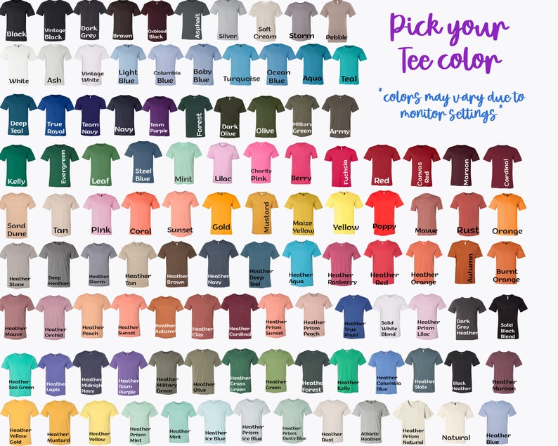 K&ouml;nnte beinhalten: Eine Farbkarte mit T-Shirts in verschiedenen Farbt&ouml;nen, darunter Schwarz, Wei&szlig;, Blau, Gr&uuml;n und Rot. Das Bild zeigt eine gro&szlig;e Auswahl an Farben, wobei jedes Shirt mit seinem spezifischen Farbnamen beschriftet ist. Der Text oben lautet "W&auml;hle deine T-Shirt-Farbe."