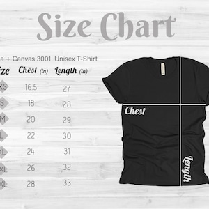 K&ouml;nnte beinhalten: Ein schwarzes Bella + Canvas 3001 Unisex-T-Shirt mit einer Gr&ouml;&szlig;entabelle. Die Tabelle listet Brust- und L&auml;ngenma&szlig;e in Zoll f&uuml;r die Gr&ouml;&szlig;en XS bis 3XL auf. Das Shirt wird mit wei&szlig;en Linien zur Brust- und L&auml;ngenmessung dargestellt.