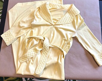 Long Butter Yellow Satin Vintage Housecoat Quilted Robe with Belt S/M