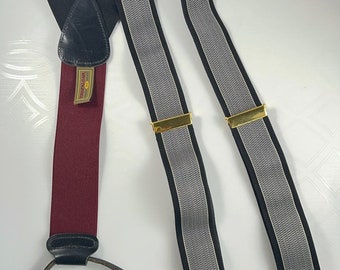 Trafalgar Black Gray Maroon Elastic Suspenders Tan Stripe Button Leather