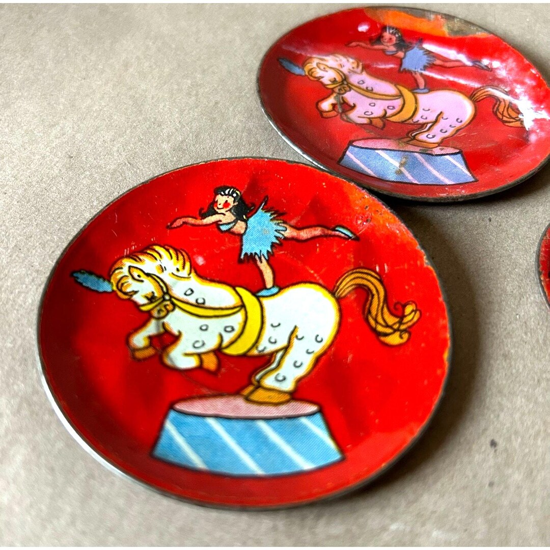 Vintage Tin Tea Set Circus Animals Performers Childrens Tiny 3 Piece ...