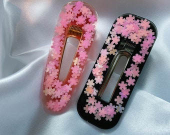 cherry blossom hair clip set, resin barrettes, pink floral barrette set