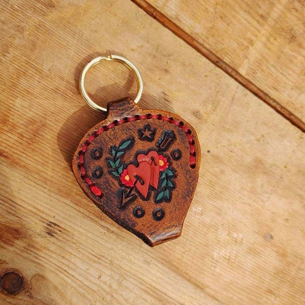 Leather Guitar Pick Holder Key Chain/ Guitar Pick Holster Key Ring/ Gift For Guitarist/ Sailor Jerry Guitar Pick Holder/ Hand Carved