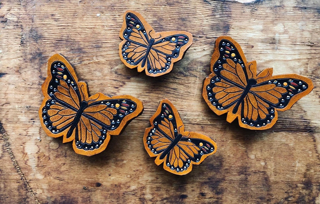 Hand Carved Monarch Butterfly Hair Clips/ Handmade Leather Hair Clips
