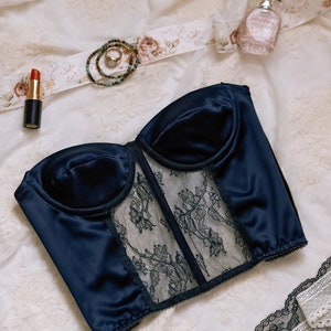 Dark Blue Corset with Foam Cups - Elegant Satin & Lace Lingerie