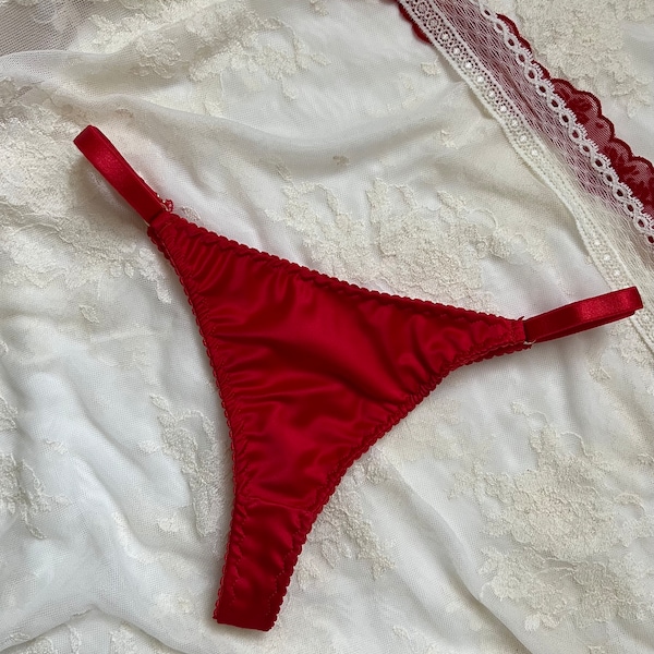 Red satin lace thong, mid-rise thong Retrouvaille handmade Lingerie