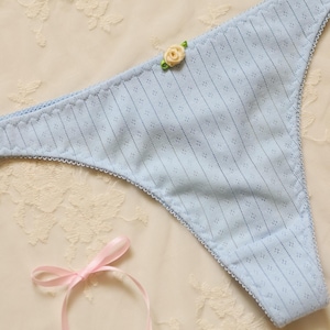 Light blue cotton thongs with cute rose, soft cotton rib pointelle panty briefs delicate new Handmade Retrouvaille Lingerie