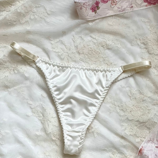 White milky satin lace thong, mid-rise thong Retrouvaille handmade Lingerie
