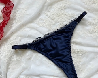 Dark blue satin lace thong, mid-rise thong Retrouvaille handmade Lingerie