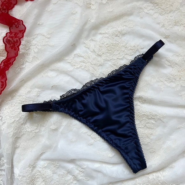 Dark blue satin lace thong, mid-rise thong Retrouvaille handmade Lingerie