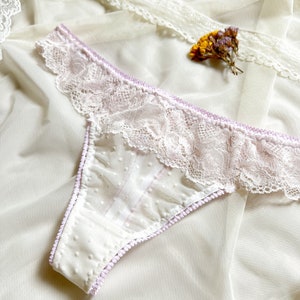 Women milky lace thongs with polka dot mesh, Retrouvaille Lingerie