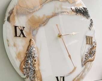 Beautiful 12\u201d White and Silver Geode Inspired Resin Wall Clock with Rocks.