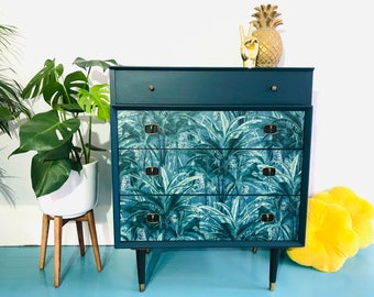 SOLD - Chest of Drawers Up-Cycled - Swaying Palm Print