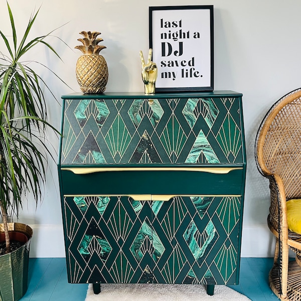 NOW SOLD (please contact me for a similar commission) - Up-cycled Sideboard / Bookcase / Drinks Cabinet -  Mid Century - Deep Green