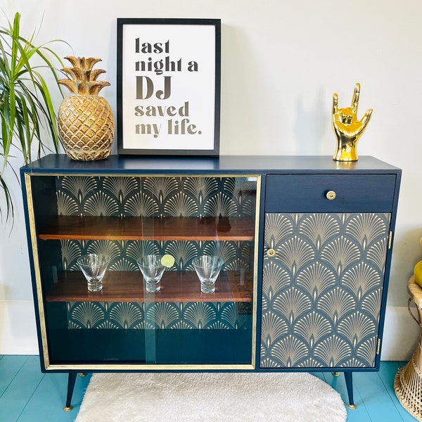 SOLD - please contact me for a similar commission - Cocktail Cabinet Mid Century Up-cycled - Navy Art Deco Fan