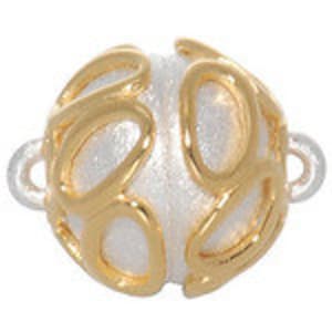 May include: Gold-toned metal bead with a white, textured surface and a decorative, openwork design. The bead has two loops on either side for attaching to a necklace or bracelet.