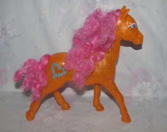 vintage G1 Hasbro My Little Pony MLP Dream Beauties Stardazzle - Beauté scintillante - Queue coupée - Orange pailleté avec crinière et queue roses