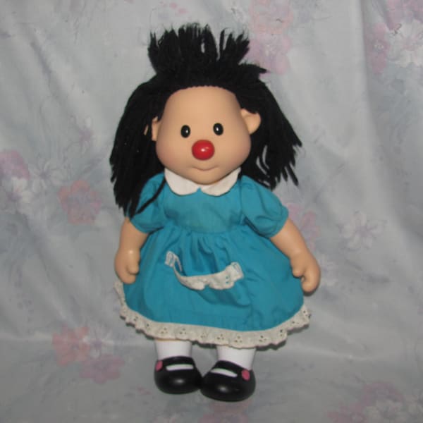 Vintage Big Comfy Couch Molly Dolly Doll - 1996 Playmates, 14" Long - Plastic Face, Arms, Legs - Blue Dress, Black Yarn Hair