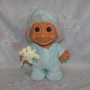 Vintage Russ Troll Figure - Striped Pajama, Nightcap, Teddy - Tall, 8" - Initials on Back