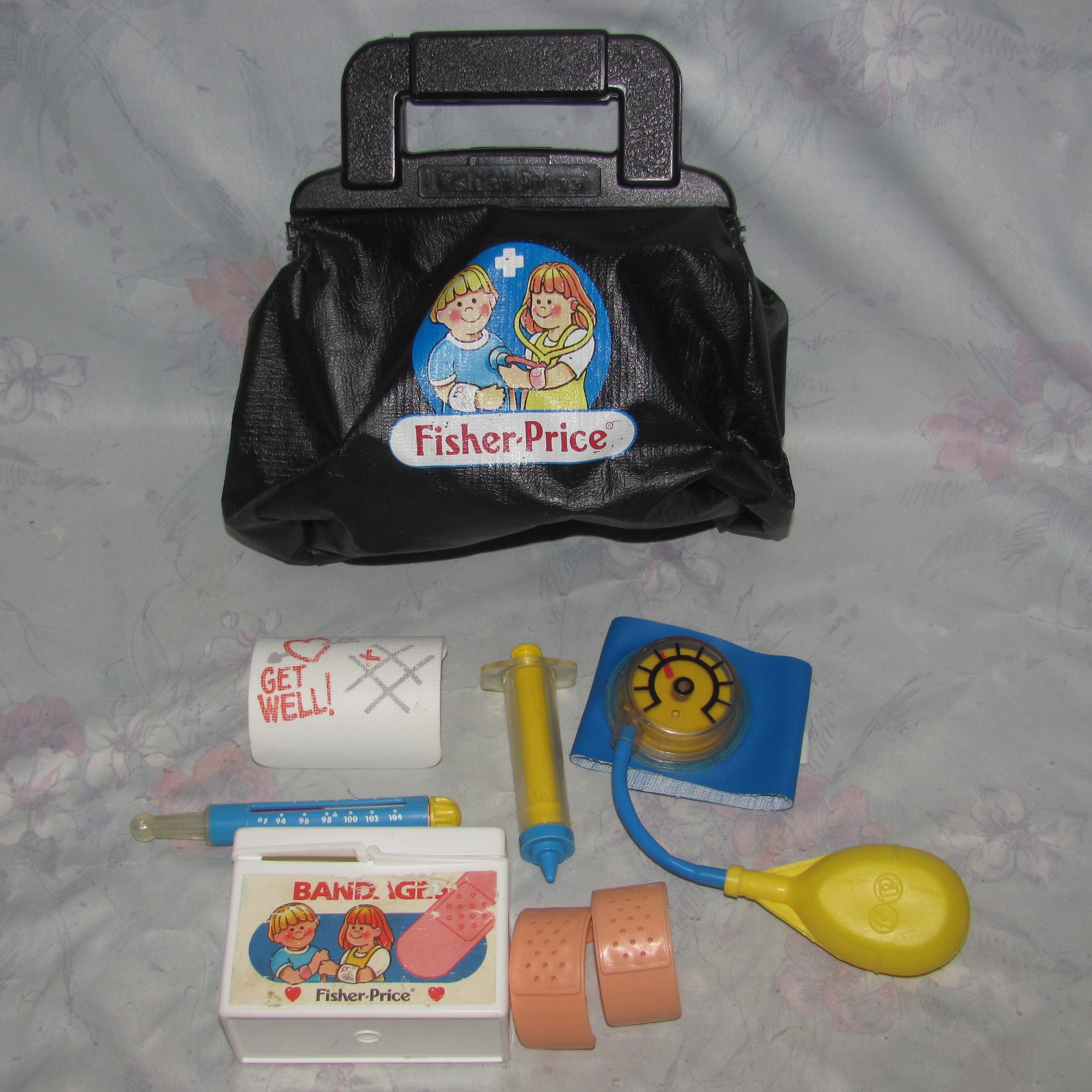 Vintage 1987 Fisher Price Medical Kit Doctors Black Bag 100% 
