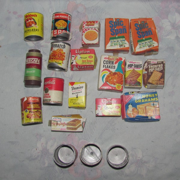 Vintage Play Food Miniatures Set - Pretend Food - Cardboard Boxes - Campbell's Soup, Corn Flakes, Pop Tarts - Lots of Wear