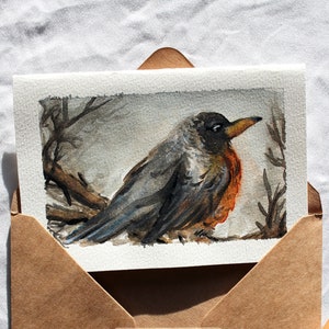 Hand Painted Winter American Robin Bird Card, Local Watercolour Art Bird Card, Birdwatching Card for Men, Handmade Winter Bird Holiday Card
