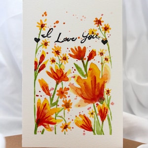 Fleurs sauvages je t'aime carte aquarelle peinte à la main, carte d'anniversaire vierge floral lâche jaune, aquarelle originale de carte de fleurs sauvages orange