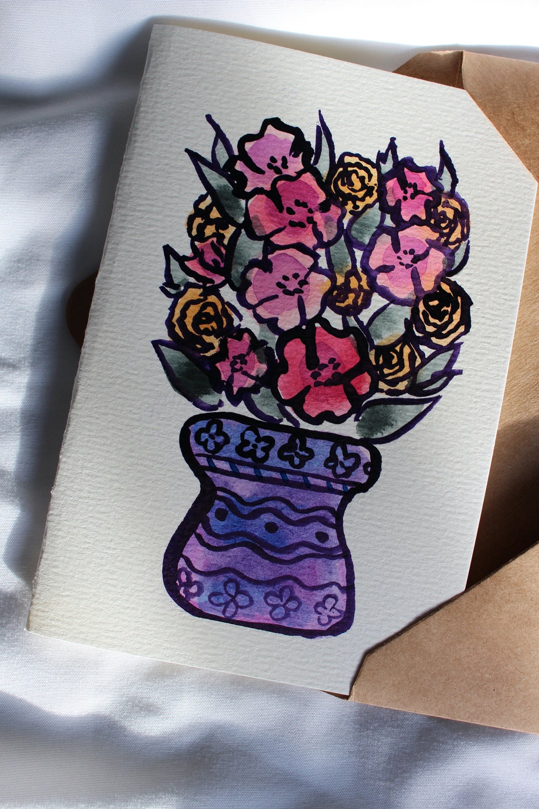 Hand Painted Vase Bouquet Watercolor Card, Special Flower Lover Gift ...